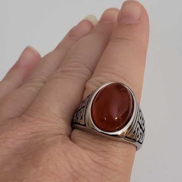Silver Tone and Amber Colour Stone Large Size Ring - Picture 9 of 13